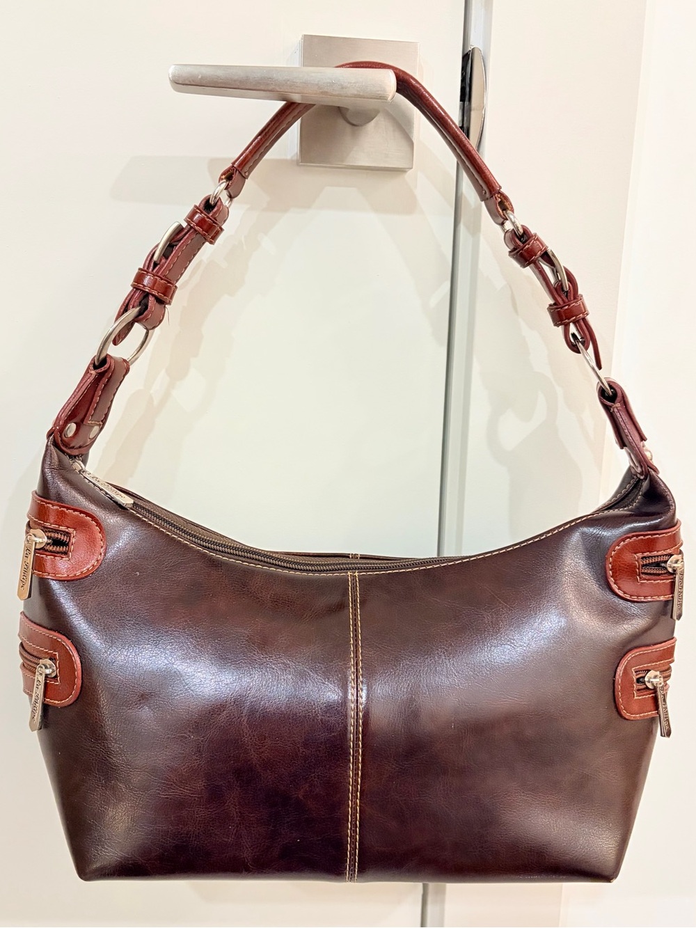 🤎 Vintage 90s La Philipe Genuine Leather Brown Hobo Bag Y2K Moto Buckle Shoulder